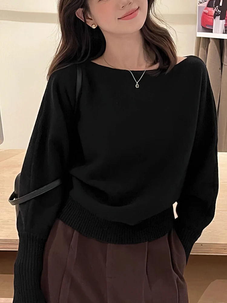 Batwing Long sleeve Knitted Pullover Women 300g Thick Off shoulder Top Korean Fashion Sweater Loose Casual Autumn Outwear Pull 251027