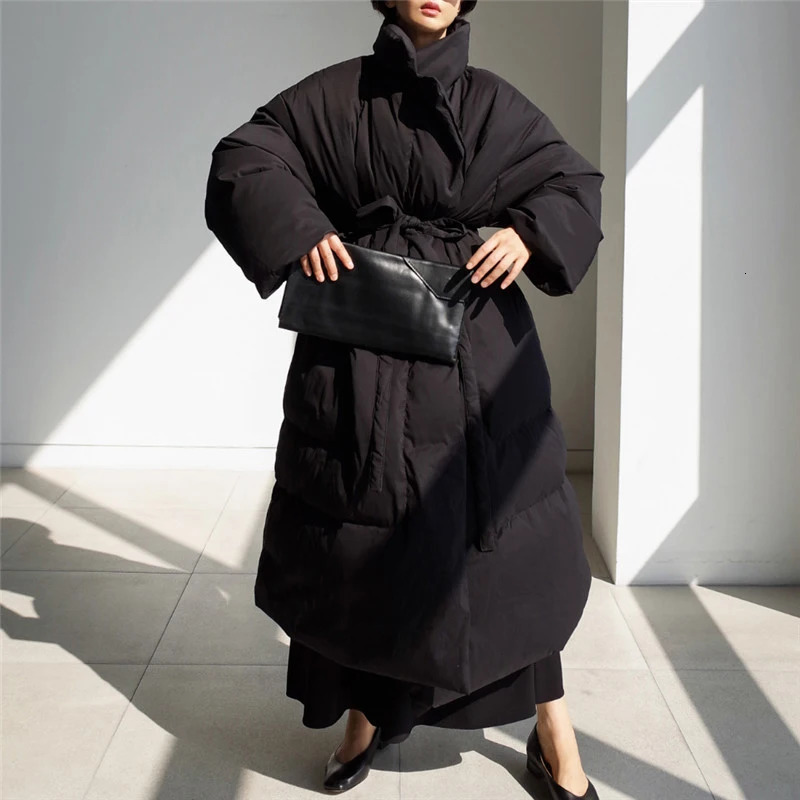 Winter Stand Collar Long Down Jackets Loose Belt Sleeve Warm Coat Fashion Solid Cotton Padded Overcoat Women 251027