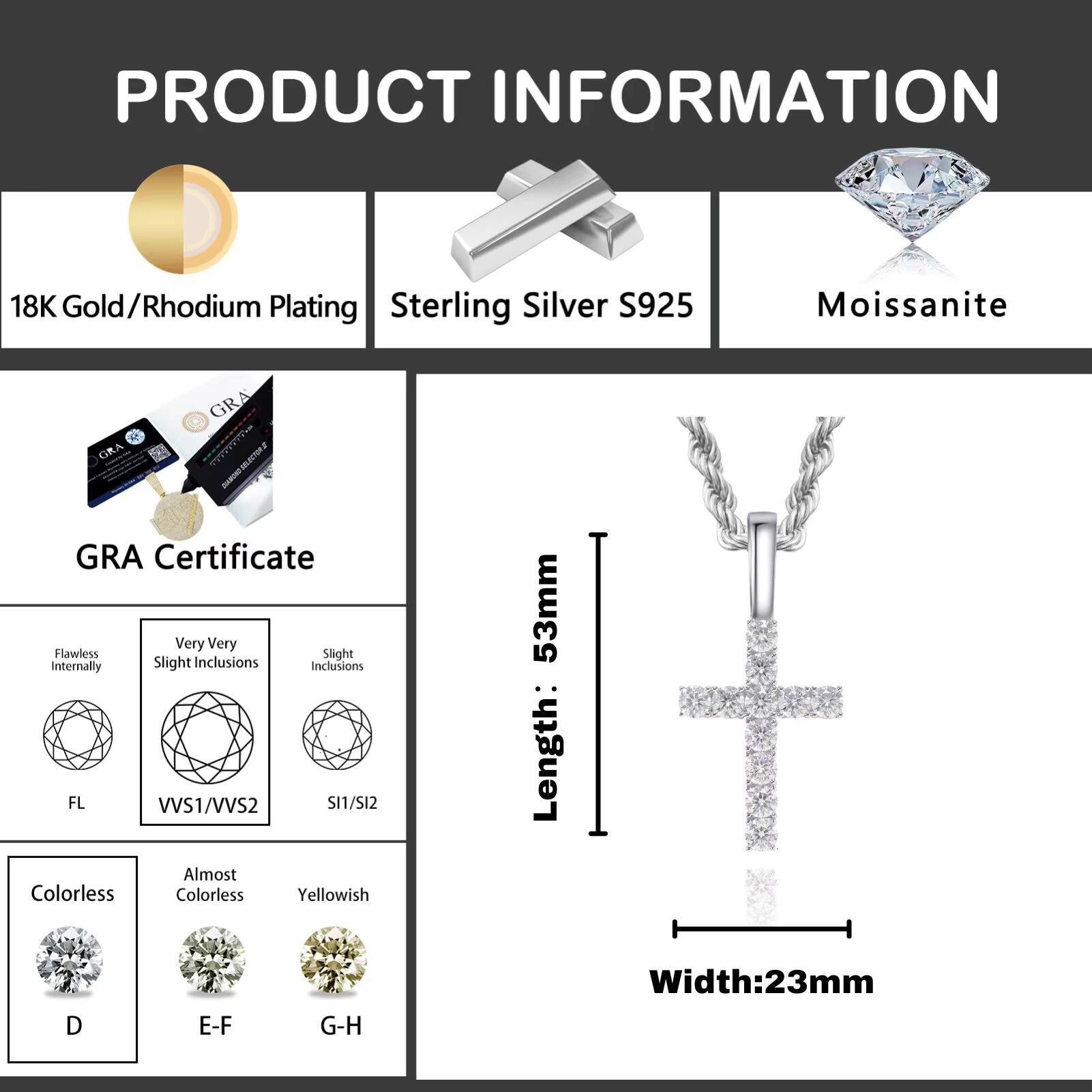 Fine 925 Sterling Silver Clear Cross Pendant Luxury Sparkling VVS D Moissanite Diamond Pendant Necklace for Unisex