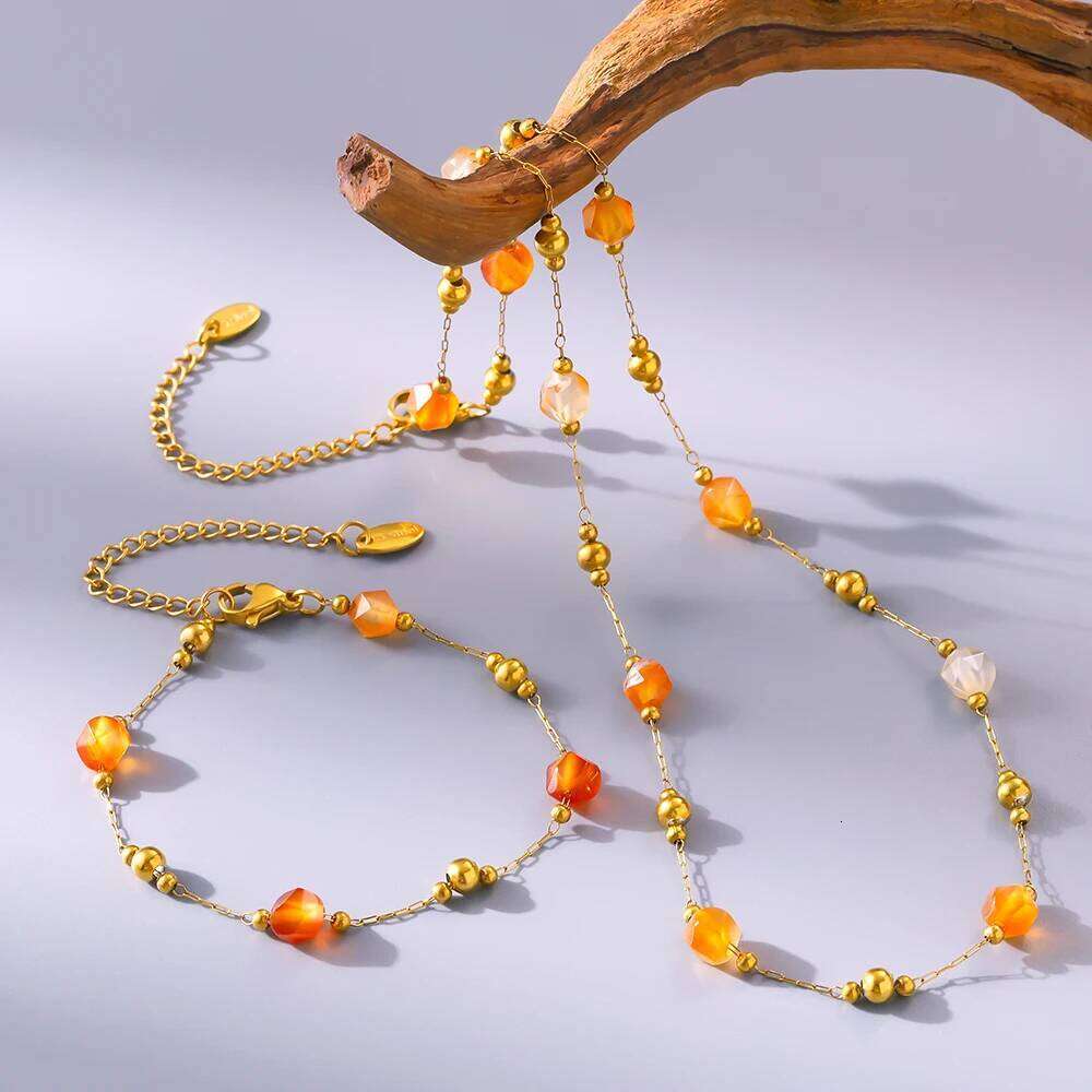 Gorgeous Orange Beige Necklace Bracelet Women Set Stainless Steel Nature Stones Beaded Pendant Female Necklaces Jewelry