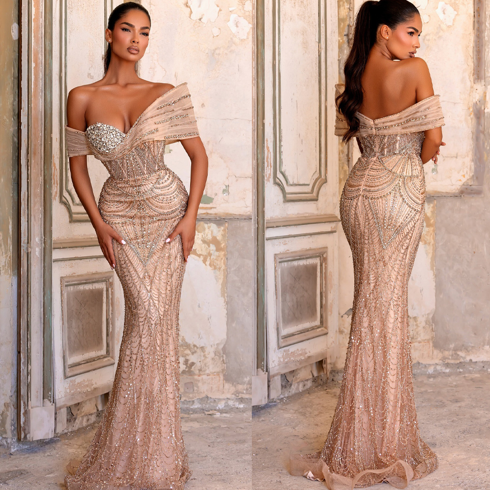 Gorgeous Evening Dresses Mermaid Off Shoulder Crystals Sleeveless Beading Formal Occasion Backless Prom Gowns Party Dresses Custom Made Vestidos de no