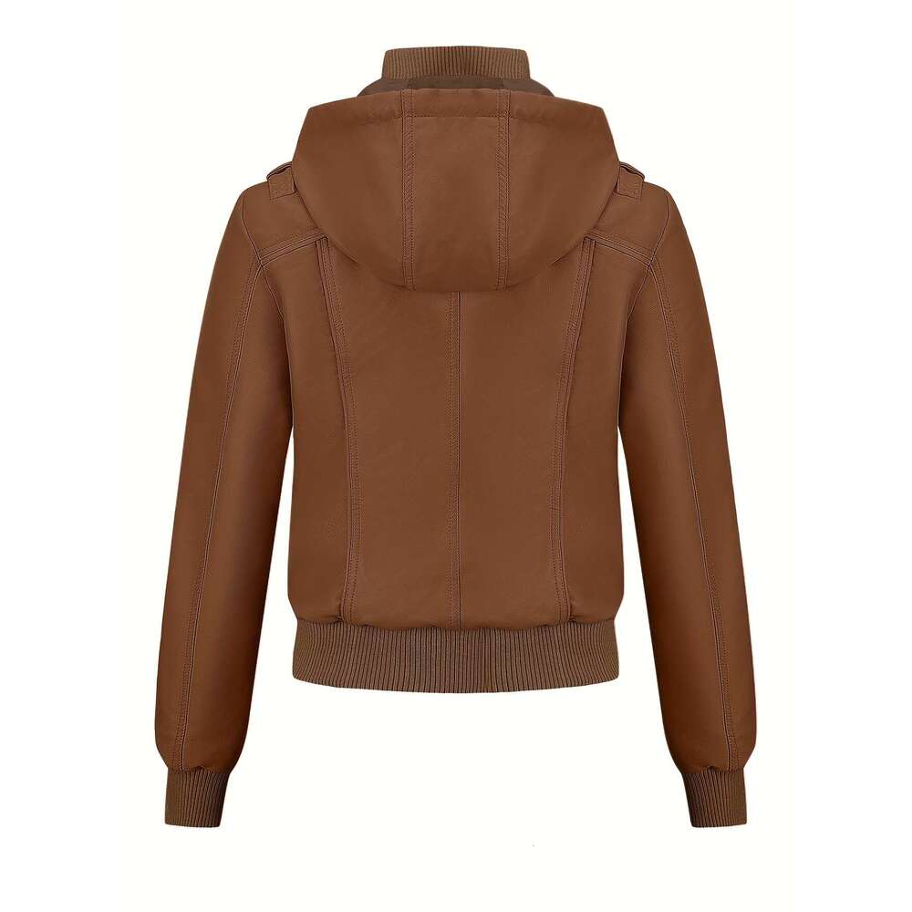 Chic Jacket Casual Chic Women's Black PU Leather Moto Jacket - Long Sleeve Zip-Up With Drawstring Hood Outerwear For Spring & Fall