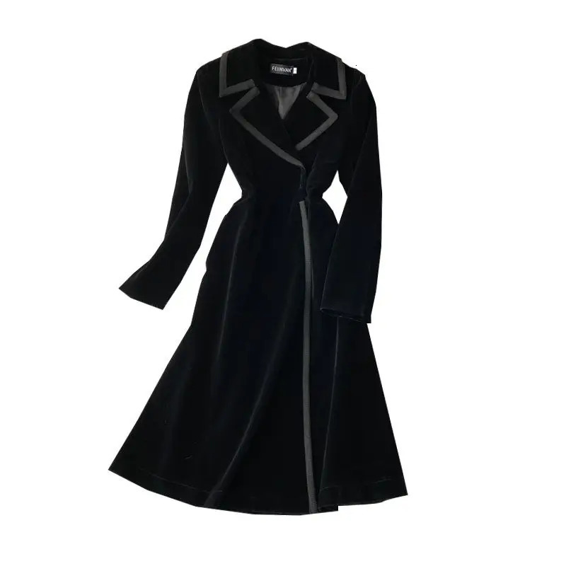 Womens Black Velvet Blazer Dress Long Over the Knee Temperament Maxi Windbreaker Jacket Slim Coat Autumn Winter Fashion M1180 251027