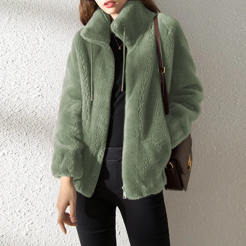 Female Winter Jacket Thickened Doublesided Velvet Standup Collar Warm Retro Style Elegant Short Womens Cardigan Clothes 251027