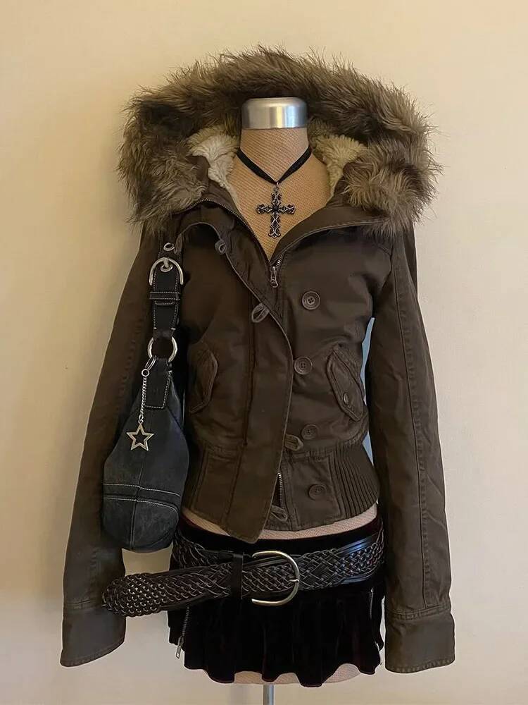 winter jacket women Vintage sle coat can accommodate brown fce lining jaet women's slim and fur button details long sve zipper cl ...