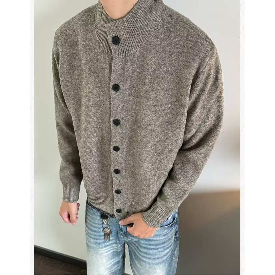 Korean Style Autumn Winter Half Turtleneck Cardigan Warm Sweater Men Designer Sweater New Old Money Style Versatile Casual Knitted Sweater Jacket