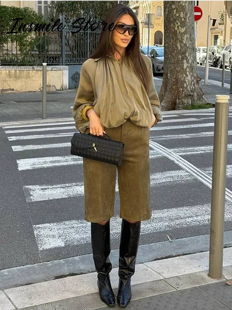 winter jacket women Puffed Bomber Women's Jackets Casual Pleated Turn-down Collar Lantern Sleeve Woman Spring Jacket 2025 Green Femme Outerwears