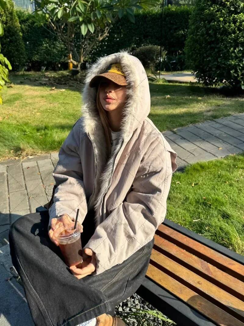 winter jacket women Y2K American Black Retro Wool Collar Thickened Cotton Jacket Men And Women Fashion Punk Vintage Streetwear Loose Casual Jackets