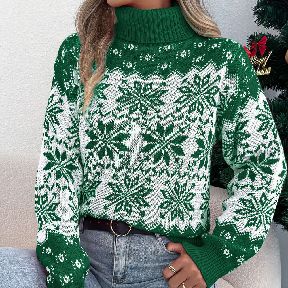 Autumn and Winter Snowflake Pattern Lantern Long Sleeve High Neck Pullover Sweater Women's Clothing