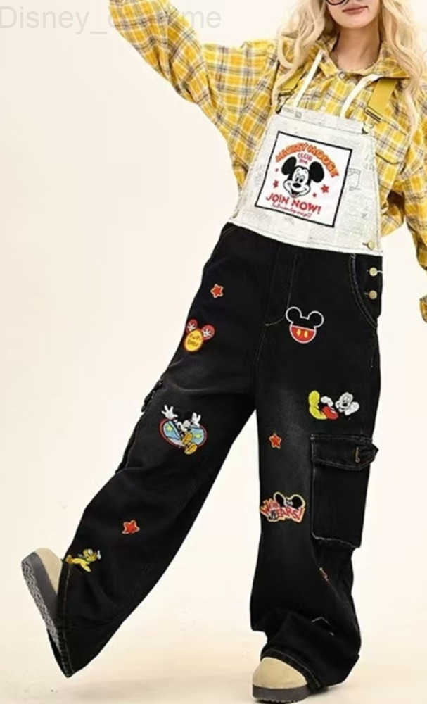 Disney Mickey Mouse American Style Vintage Jeans Fun Cartoon Embroidery Men Women Loose Overalls Trendy Versatile Denim Jumpsuit H251027