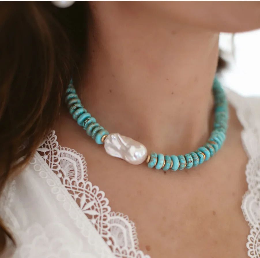 Irregular Natural Blue Turquoise Necklace for Her Bohemian Handmade Jewelry Short Necklace for Gift 251013