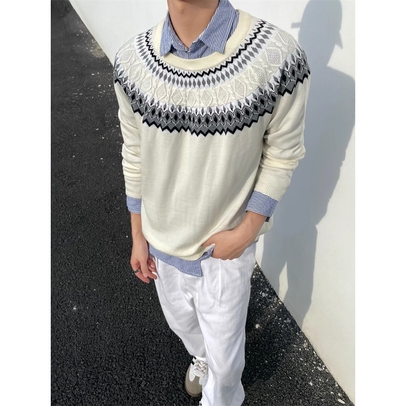 American Style Fair Isle Boxy Sweater Designer Sweater For Men Autumn High-end Cable Knit Long Sleeve T-shirt Regular Shoulder Base Shirt