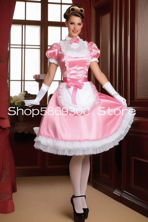 Pink Short Cosplay Maid Evening Party Dress With Apron A Line Lolita Puffy Sleeve Victorian Anime Prom Gown Customsized