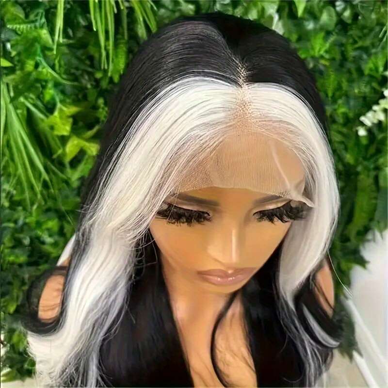 13X4 Fashionable Black Wig With White Highlights Women's Body Wave Synthetic 24 Inches - Perfect For Daily Wear, Work, Vacation, Party, Christmas