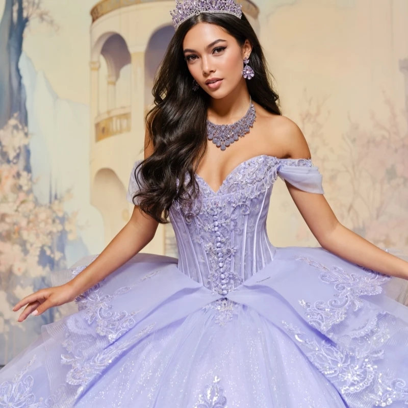 Lavender Quinceanera Dresses Off The Shoulder Applique Lace Beading Tull Party Birthday Sweet 16 Dress Vestidos 15 De Anos