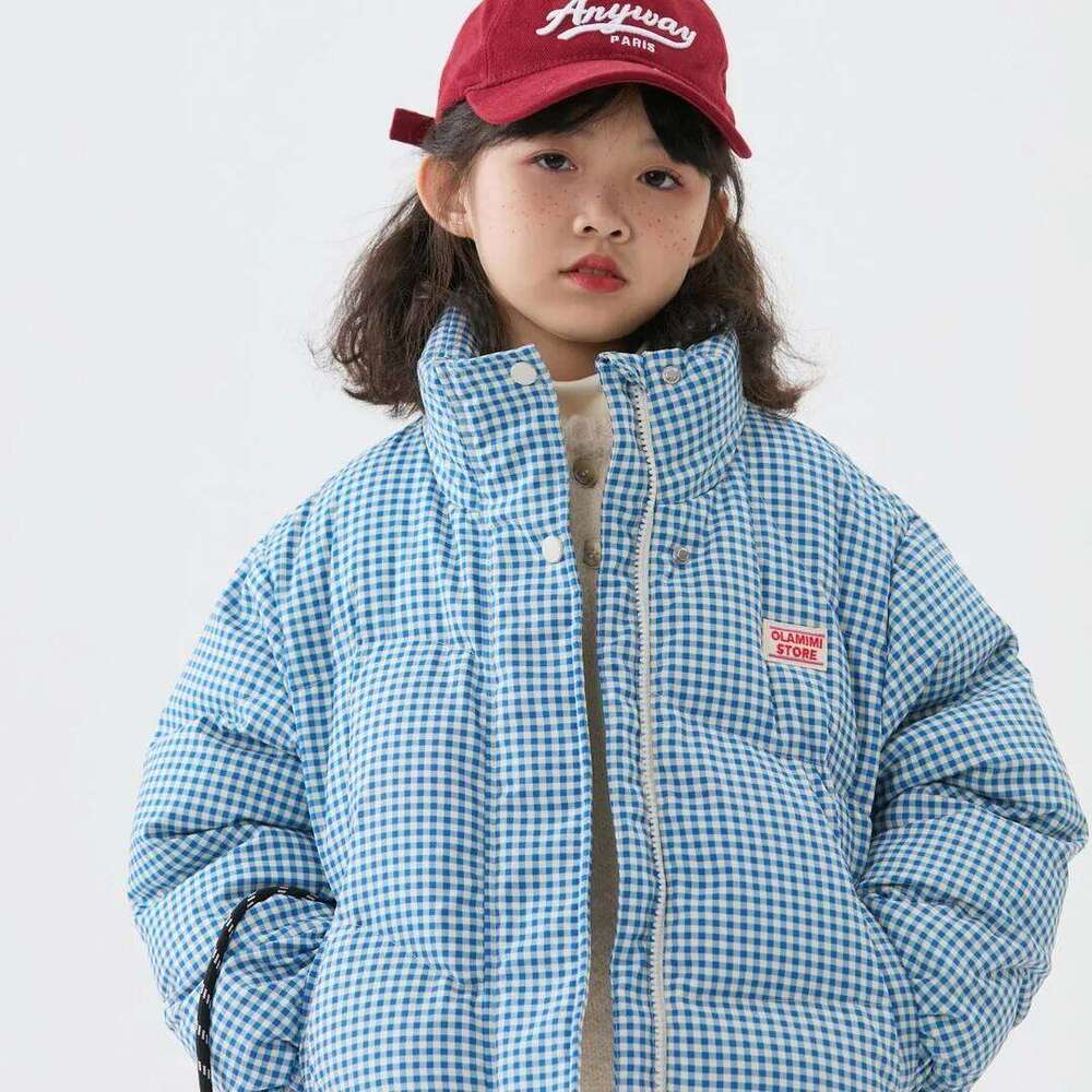 Winter Children Plaid Parkas Blue Stand Collar Thick Warm Teens Girls Outerwear Sticker Zipper Jacket For 4-14Y Girl