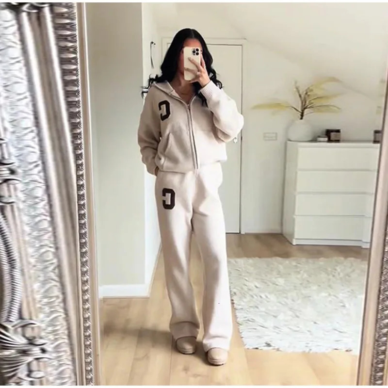 Knitted Womens Pant Sets Hooded Long Sleeve Dropped Shoulder Zipper Female Jacket Solid Elastic Waist Straight Pants For Ladies 251027