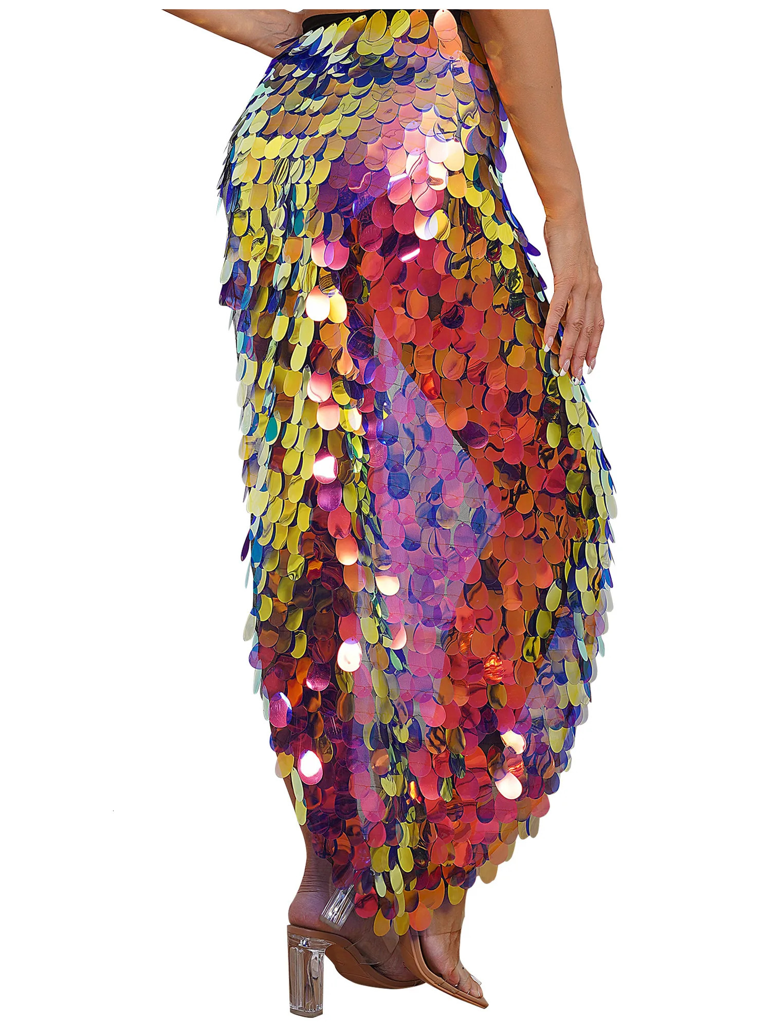 Womens Sequins Dance Skirt LaceUp Mermaid Hip Scarf Wrap Long Belly Festival Stage Performance Costumes 251027