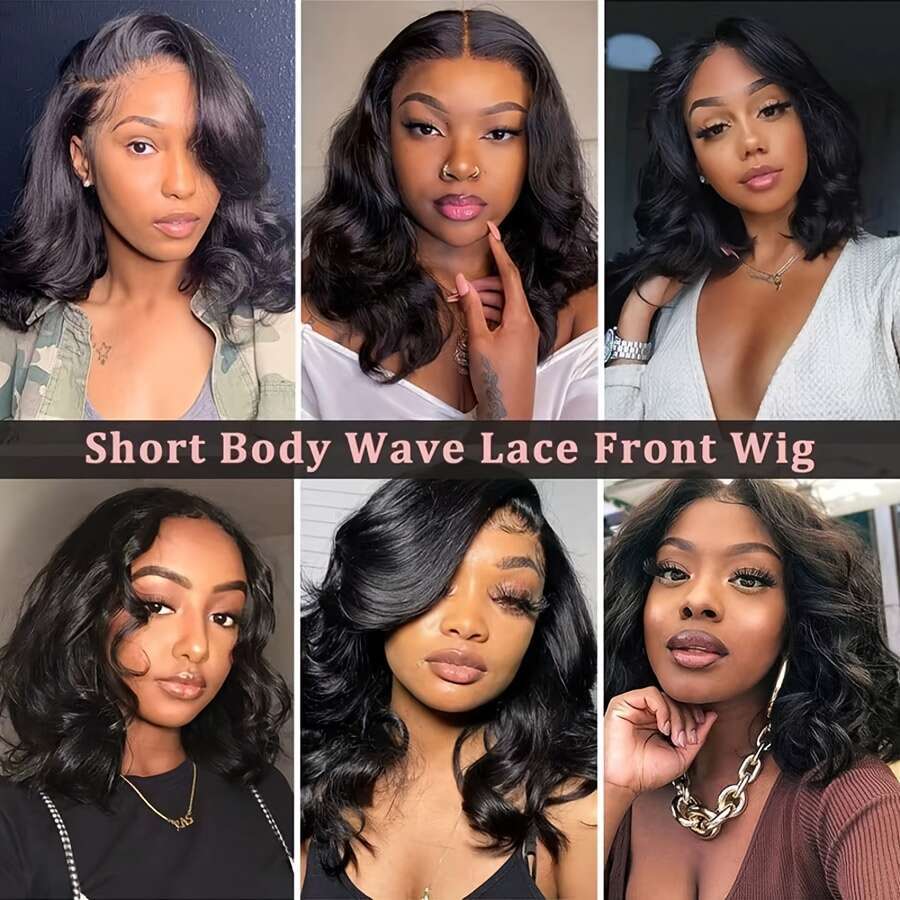 Glueless Short Bob Lace Frontal Brazilian Virgin Human - Body Wave 180% Density Pre-Plucked With Hair, Natural Color For Women & Men, All Ethnicities,