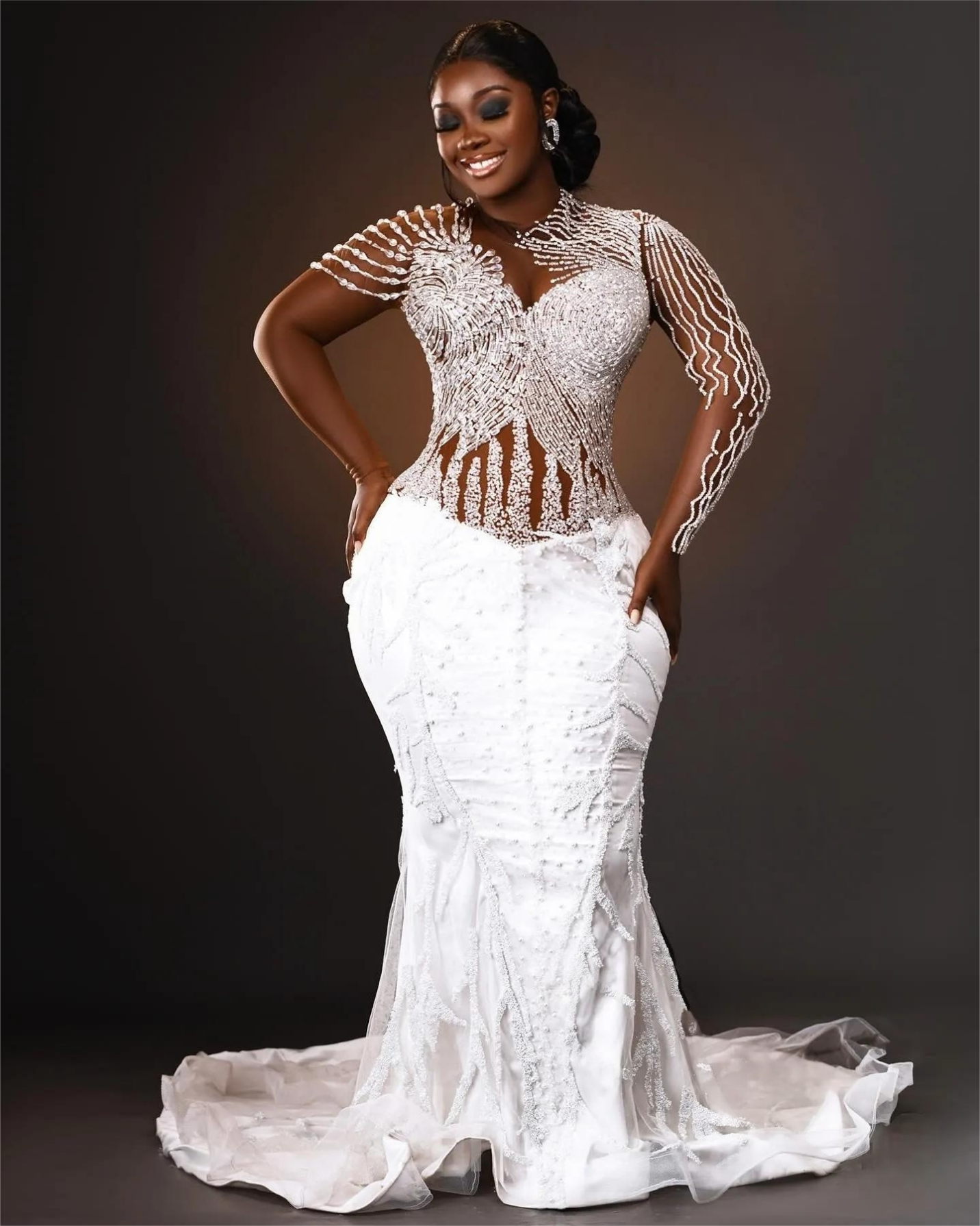 Arabic Aso Ebi Plus Size Mermaid Wedding Dress in White with Beaded Crystals Detachable Train and Luxurious Sexy Style