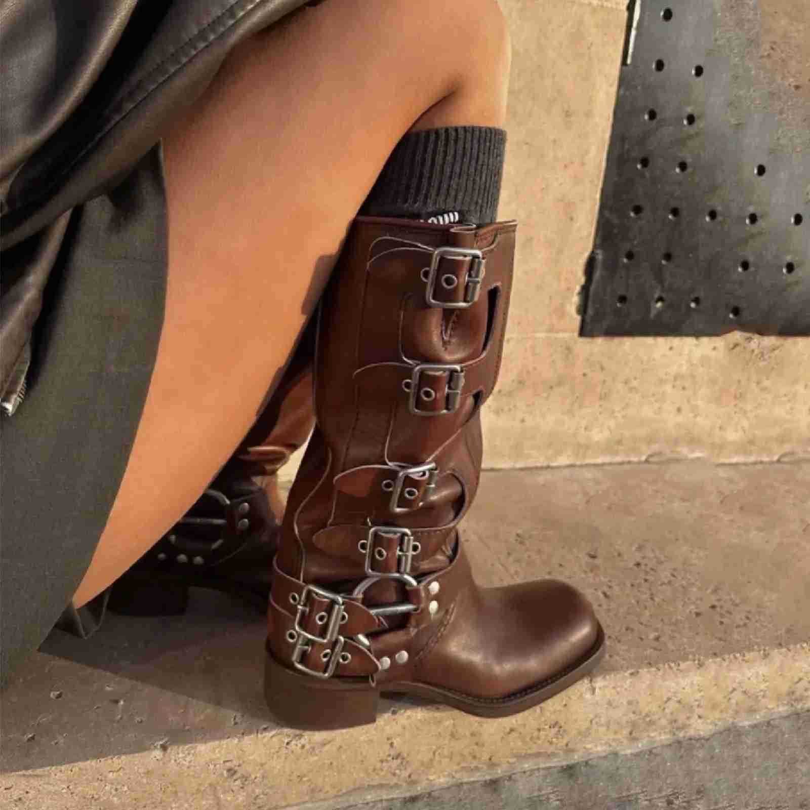 Arden Furtado 2025 Genuine Leather Platform Rivet Motorcycle boots Round toe Belt buckle Block heel mid wide calf Western boots M251027
