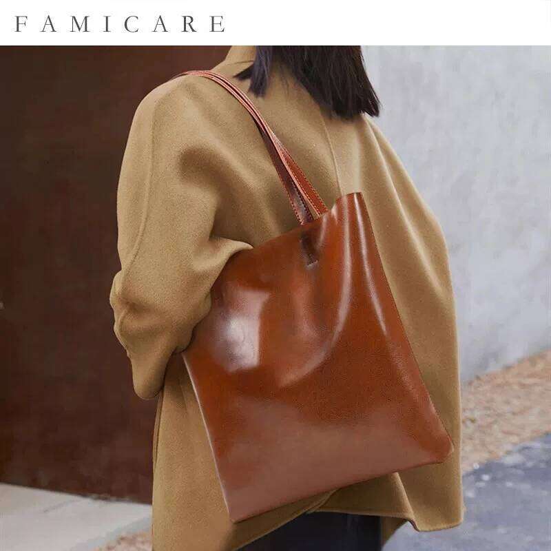Designer Luxury New Large Capacity Female Split Leather Tote Bags Oil Wax Cowhide Lady Shopping Handbag Women Classic Solid Color Shoulder Bag