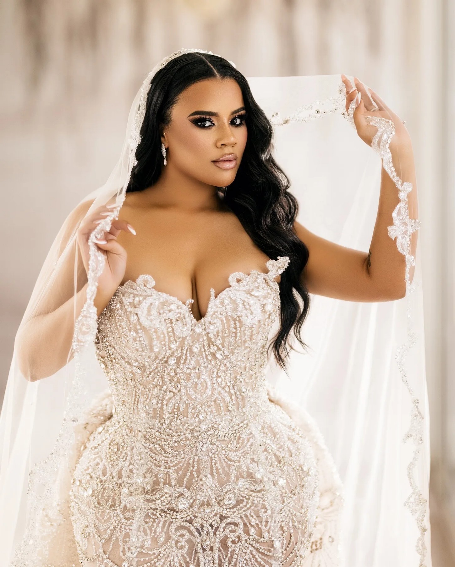 Plus Size Mermaid Wedding Dresses in Aso Ebi Arabic Style Ivory with Beaded Crystals and Detachable Train