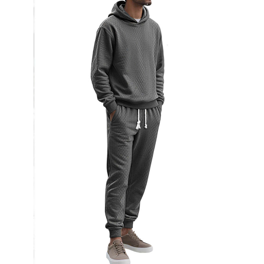 TK Men's Spring And Autumn Loose Casual Sports Sleeve Long Pants Plus Size Jacquard Hooded Sweatshirt Set
