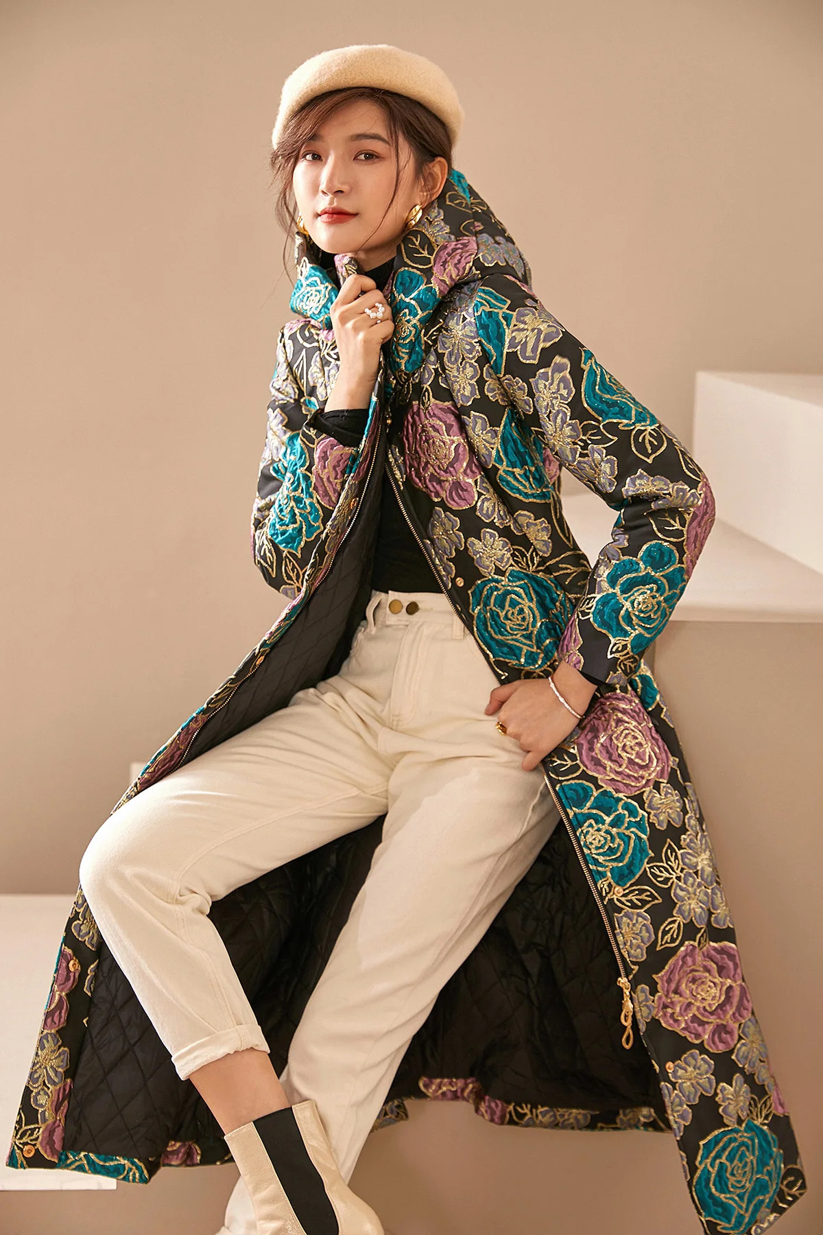 y Women Winter Jacquard Coat Hooded Floral Parkas Space Cotton Thick Long Quality Jacket Overcoat Big Size Zipper 251027