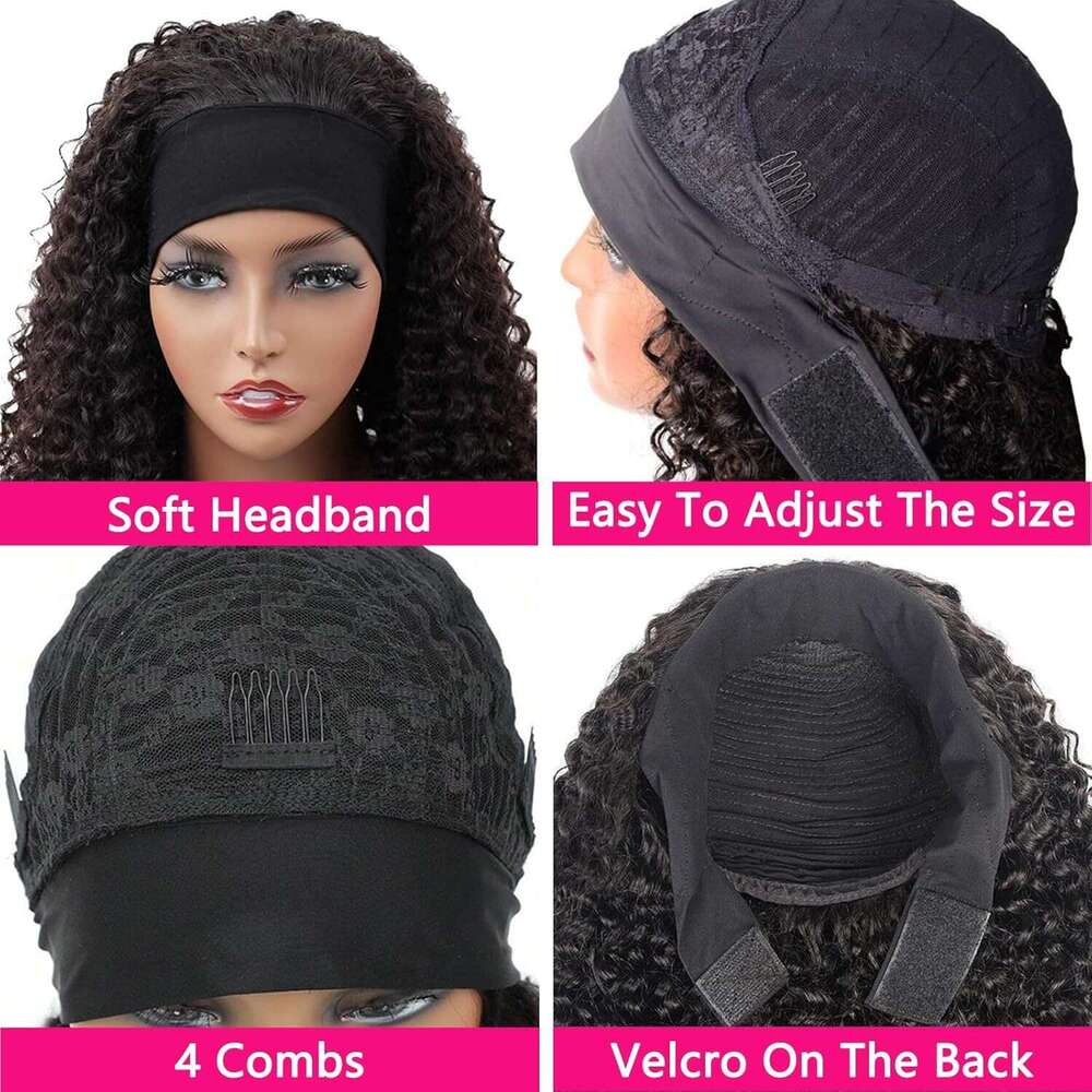 14" Jerry Curly Headband Wig - 100% Human Hair, Glueless, Natural Black, Soft Bouncy Curls, Easy Wear & Go With Stylish Headbands, Breathable Cap