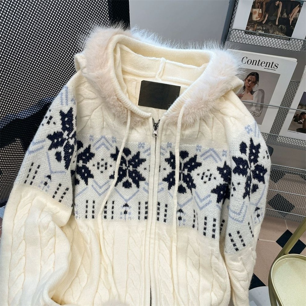 American Style Lazy HighEnd Feel Fur Collar Hooded Cable Knit Sweater Unisex Autumn Winter Korean Style Fair Isle Knitted Cardigan Coat
