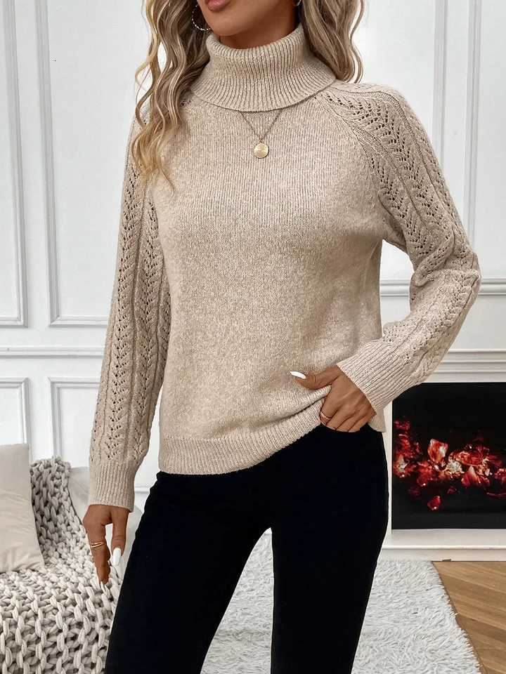 High Neck Knit Sweater 100 Acrylic Hollow Weave Loose Fit Womens Casual Pullover for FallWinterT251027