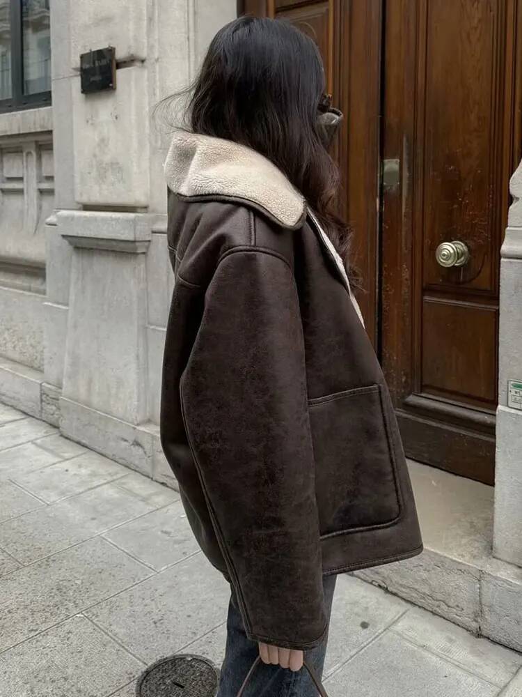 winter jacket women HH Women Fashion Faux Leather Fleece Coats Long Sleeve Jacket Autumn Winter Casual Outwear Vintage High Street Lady Chic Jackets