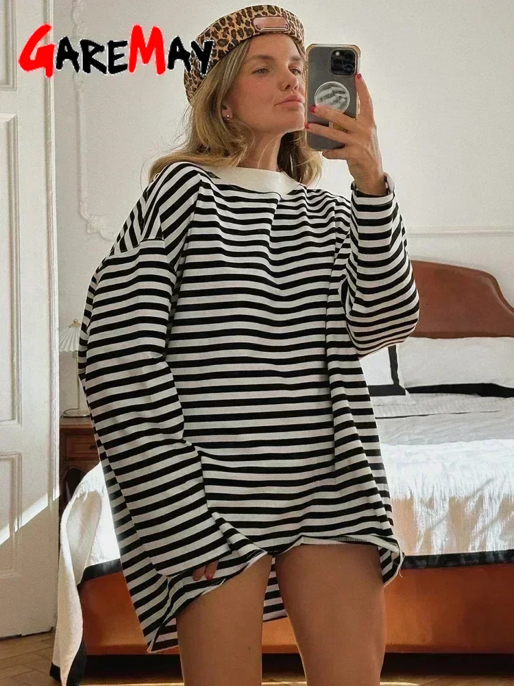Womens Striped Tshirt 95 Cotton Oversized Black and White Casual Basic Long Sleeve Top Vintage Casual Tshirts for Women 251027