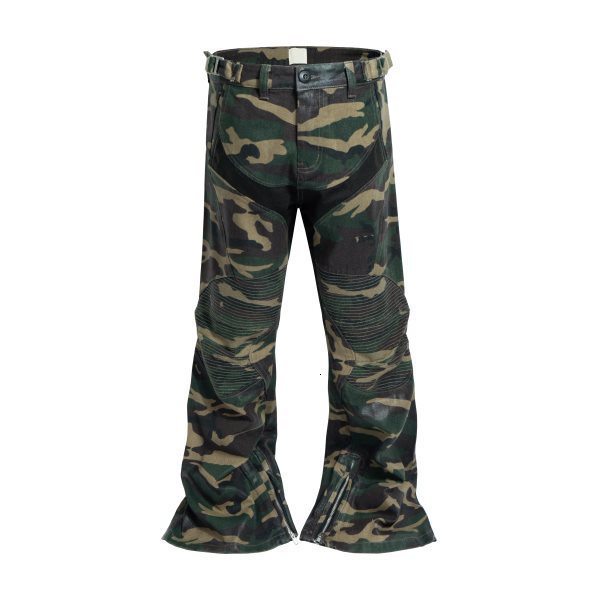 High Street Washed Loose WideLeg Camouflage Coated Flared Motorcycle Jeans