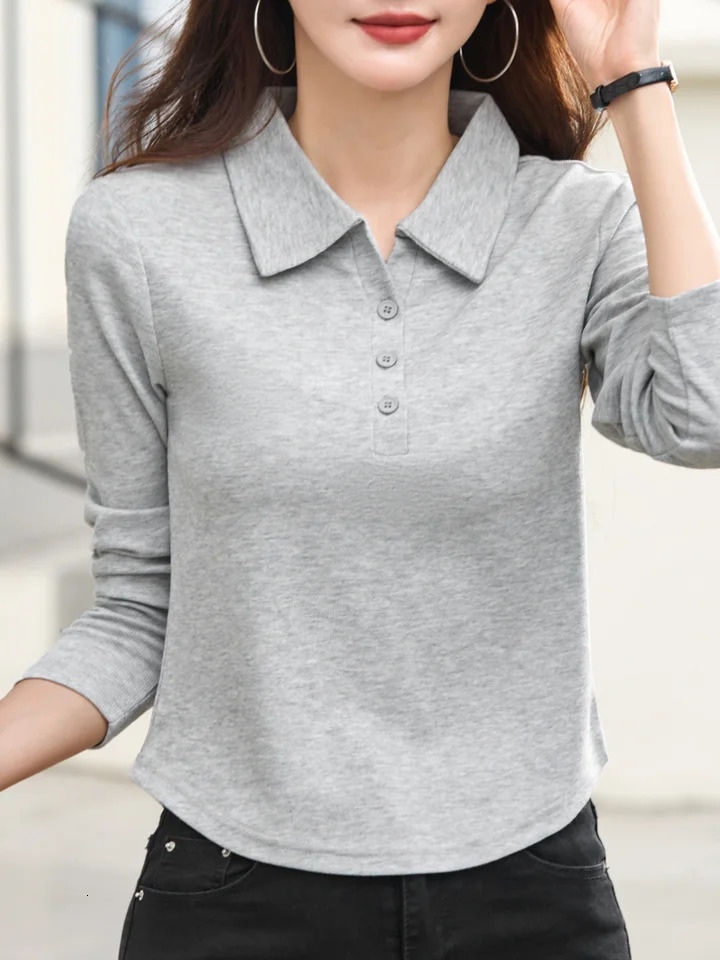 Womens Casual Long Sleeve Polo Shirt Regular Fit for Spring a Knit Fabric Solid Color with Lapel Collar and Button Detail R 251027