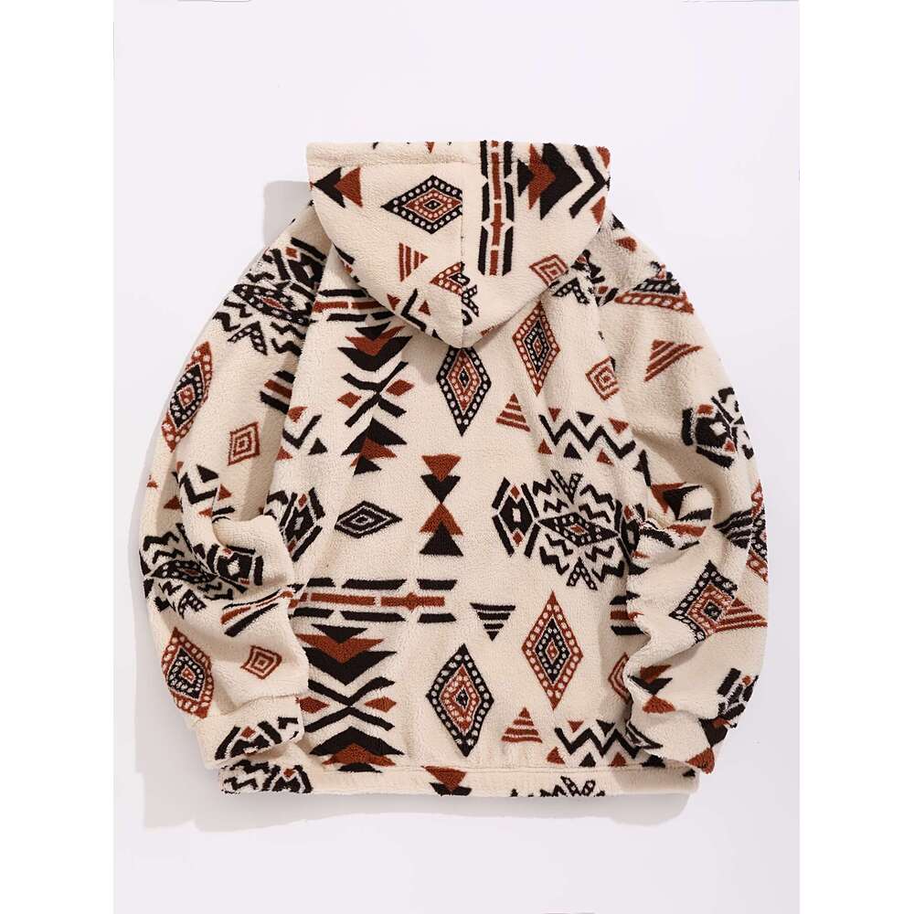 Ethnic Style Geometric Pattern, Men's Loose Polar Fleece Hoodie For Winter & Fall, Hooded Sweatshirt With Drawstring And Kangaroo Pocket