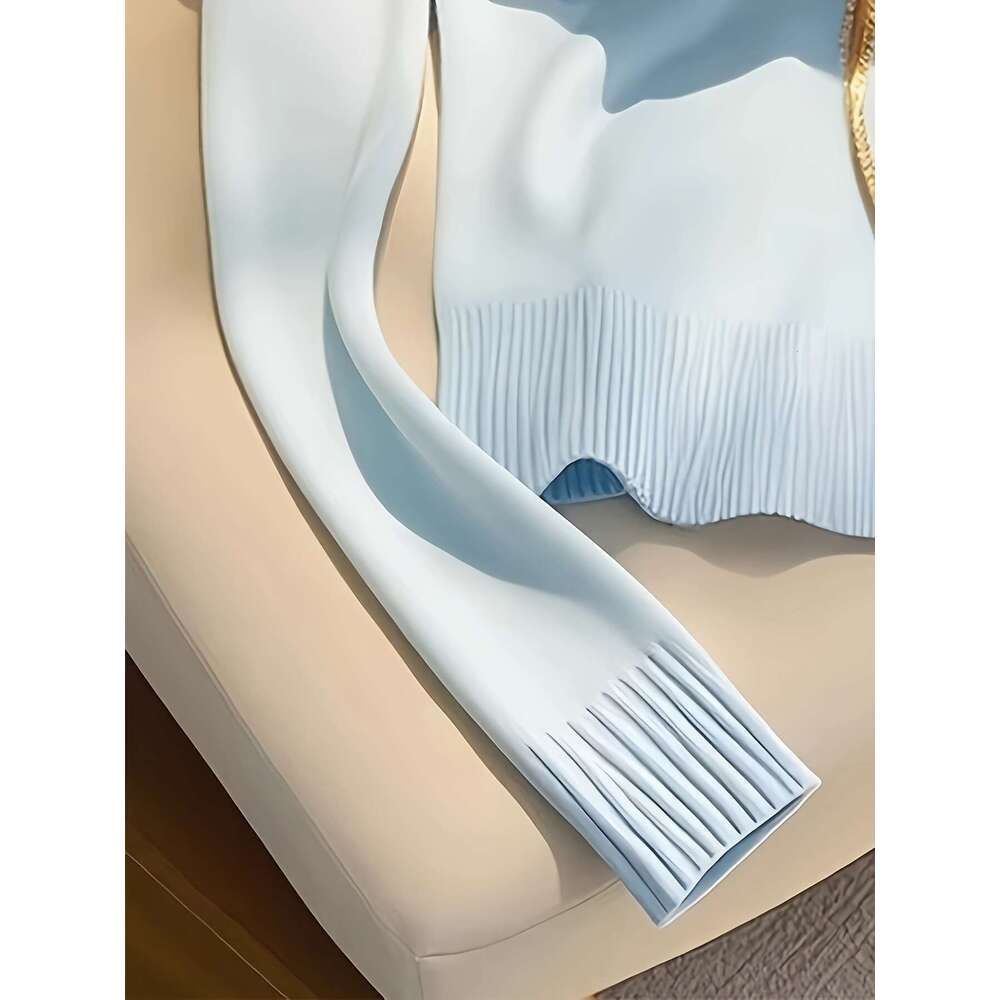 Elegant Cardigan Chic Elegant High-Neck Zip-Up Cardigan Women | Long Sleeve Sweater With Chain Detail, Solid Blue, Perfect For Fall/Winter