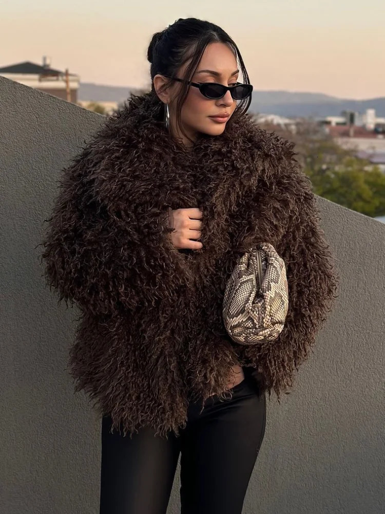 Brown Fashion Fur Coat Women Chic Fluffy Warm Long Sleeve Loose Short Jacket Winter Lady Daily Street Outerwear 251023