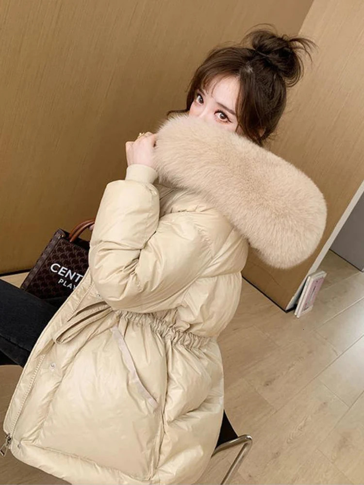 Autumn Winter Hooded Fur Collar Parkas Mujer With a Belt Thick Warm Down Cotton Padded Jacket Women Casual Coat Female 251027