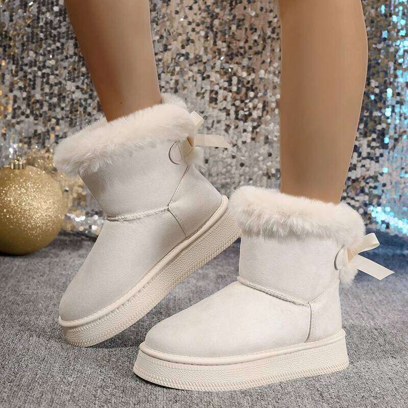 New Fashionable Bow Round Toe Elegant Snow Boots Winter Flat Wear-resistant Soft Students Plus Veet Warm Women's Shoes