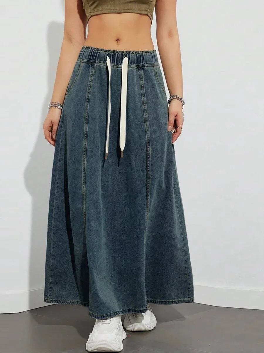 Harajuku Denim Skirt y2k Aesthetic Elastic Drawstring High Waist A Line Flare Jean Ladies Vintage Skirts Streetwear 251027