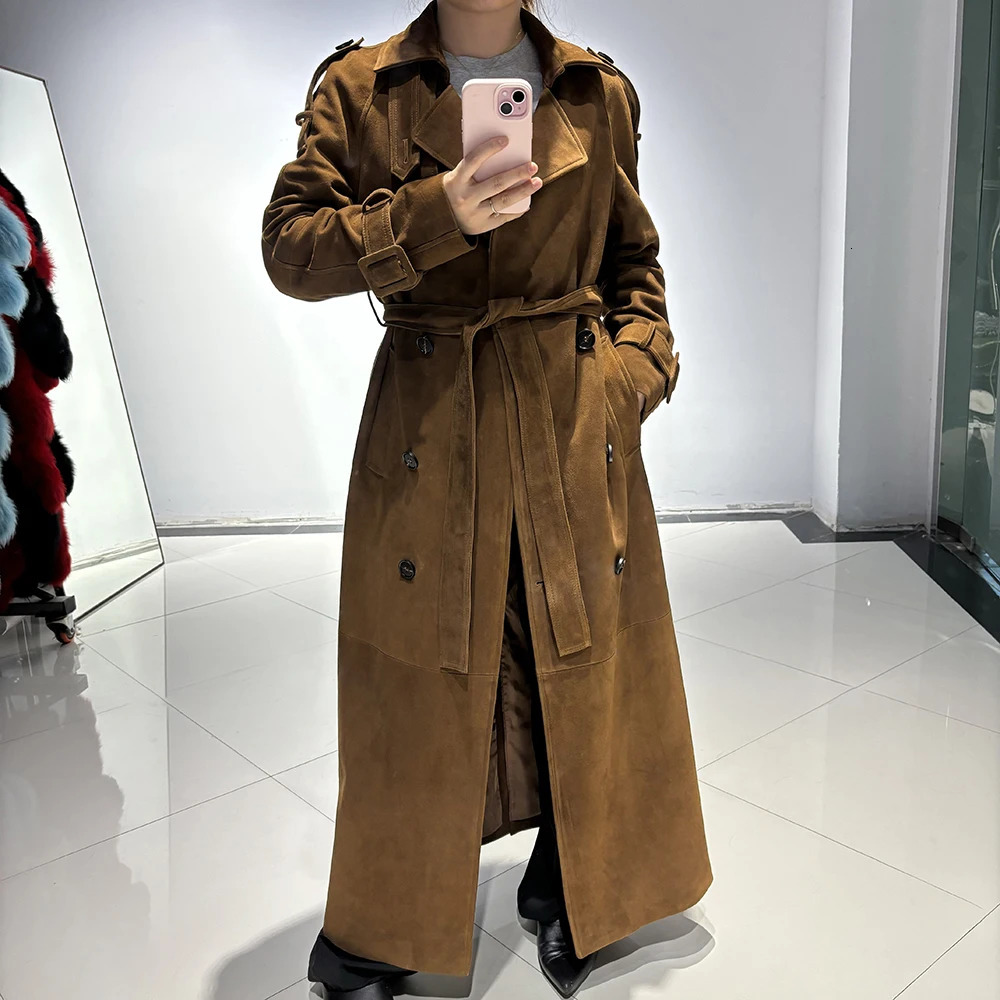 YOLOAgain Double Breasted Suede Jacket Coat Women Real Leather Trench 251027