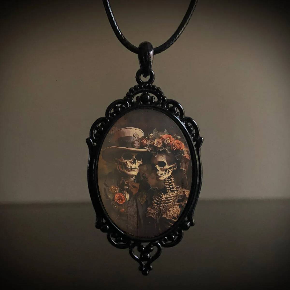 Gothic Horror Necklace Fashion Pagan Witchcraft Jewelry Vintage Lover Flowers Skull Witch Pendant Rope Chain Glass Choker