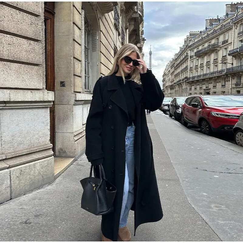 Elegant With Belt Black Long Coat For Women Oversize Woolen Double Button Lapel Overcoat Autumn New Lady High Street Outerwear