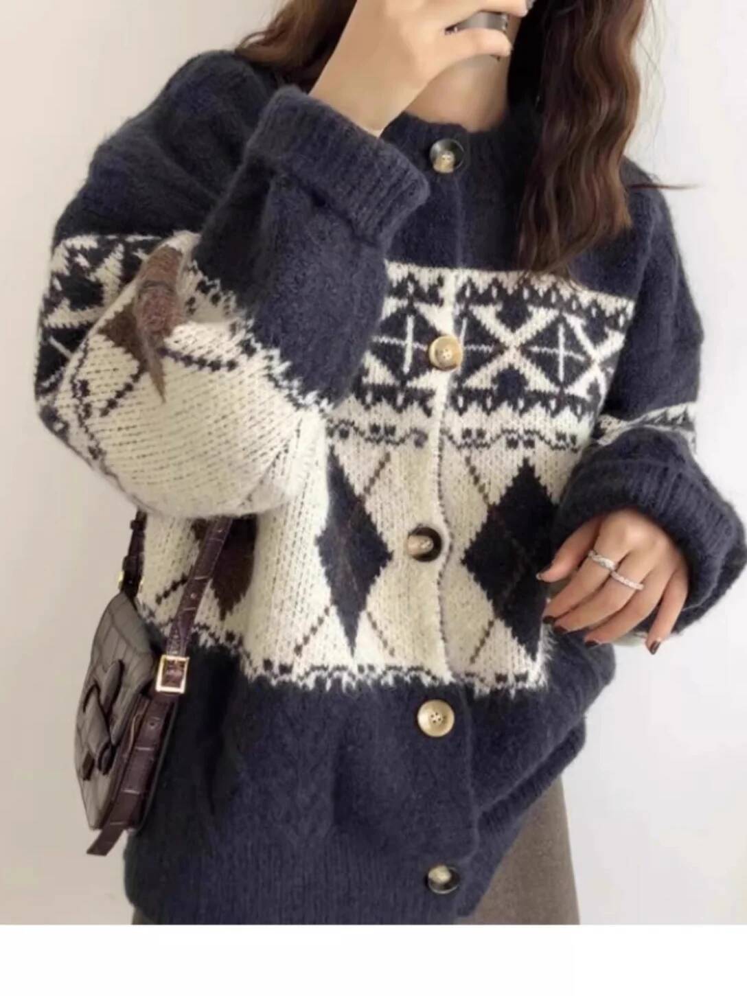 New Dia Knit Cardigan Women's 100% Pure Cashmere Lazy Loose Slim Top Retro Round Neck Sweater