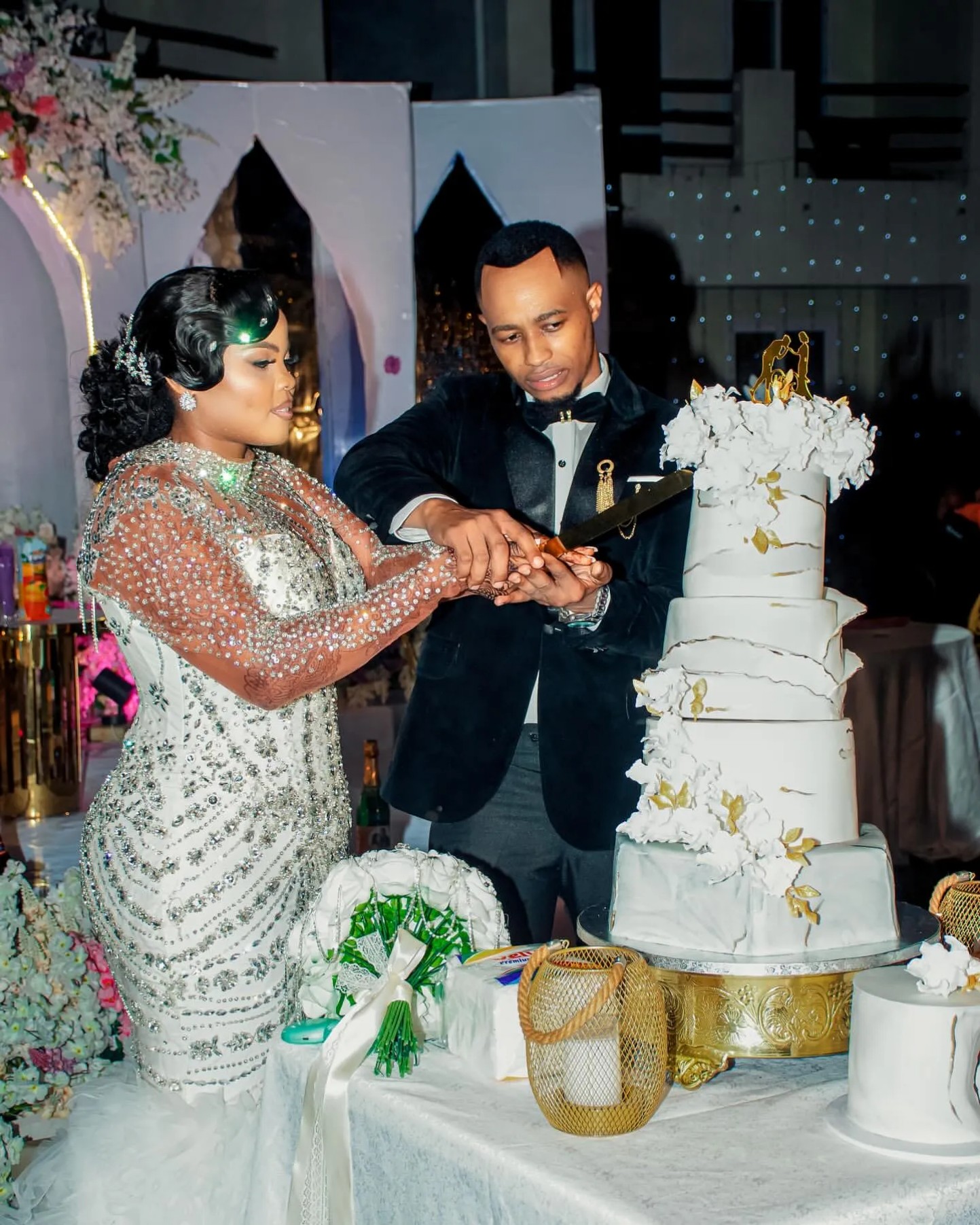 Arabic Aso Ebi Plus Size Mermaid Wedding Dress in Ivory with Luxurious Beaded Crystals Full Sleeves and Tulle Tiers