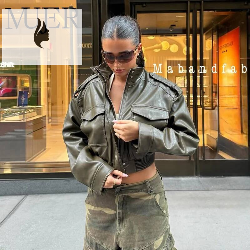 winter jacket women MUJER Faux Leather Cropped Bomber Demi-season Jackets for Long Sleeve Women's Coats Zip Overcoat Jacket Women