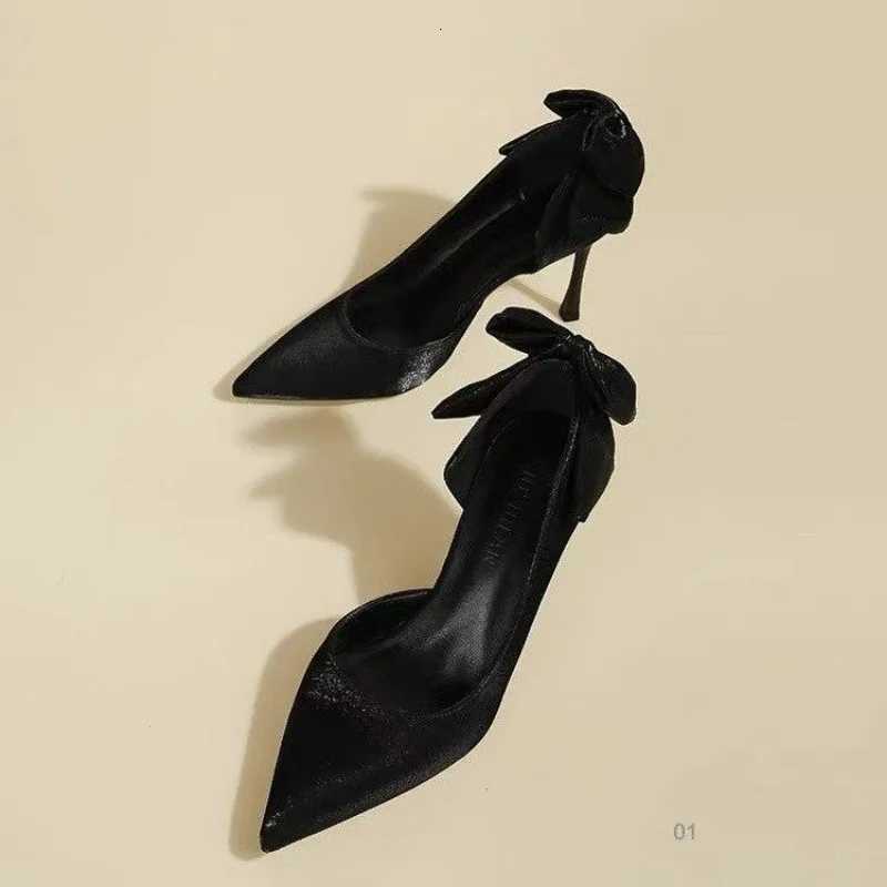 High Heel Single Shoes Summer New Pointed Head Satin Butterfly Knot Set Foot Antislip Wearresistant Heel ShoesXJ251027