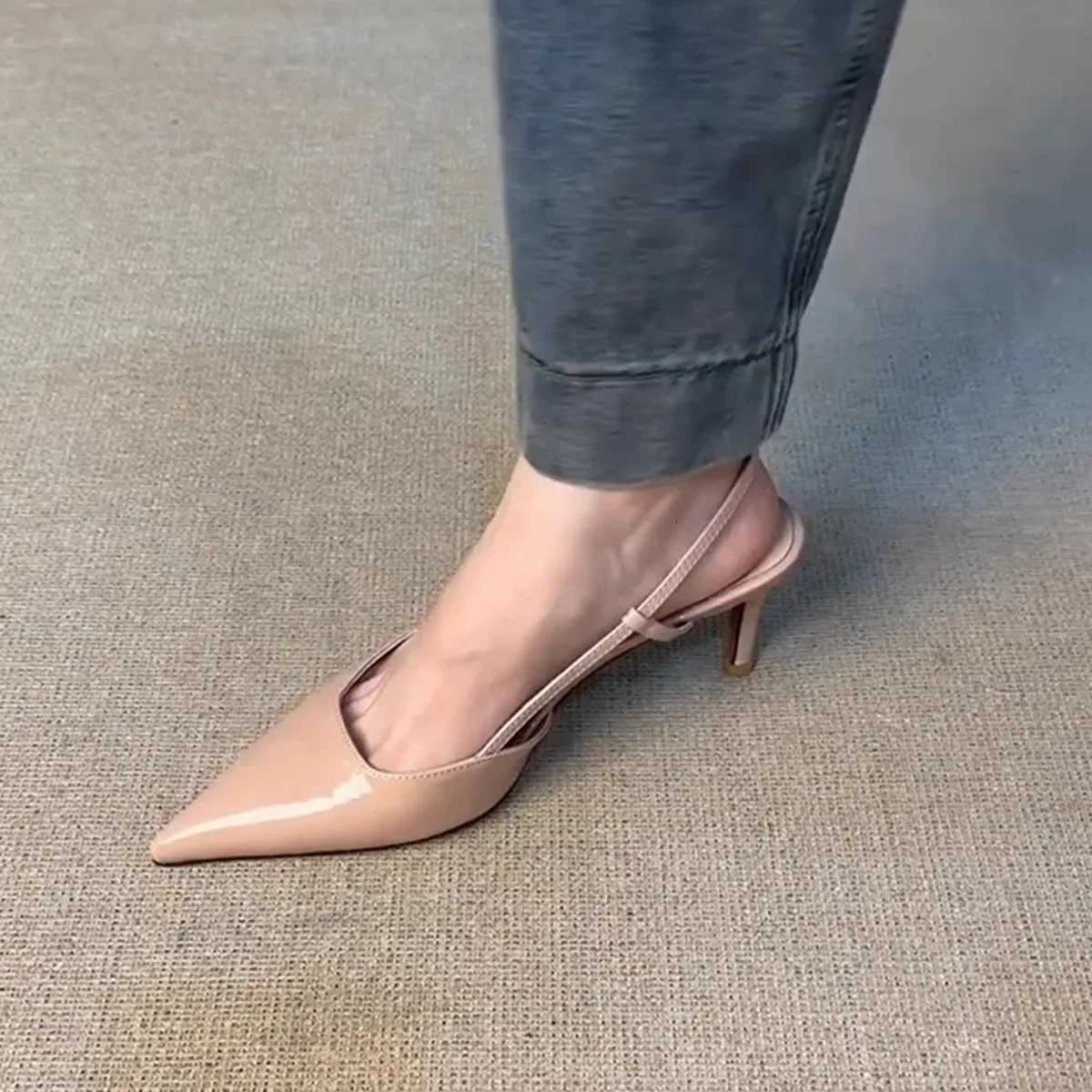 French Elegant Nude High Heels Womens 2025 New Patent Leather Pointed Toe Versatile Slip Outdoor Atmosphere Head Cover ShoesXJ251027